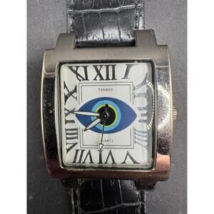 Vtg Bijoux Terner Lucky Eye Silver Tone Quartz Watch K-10075 Black Leather Strap